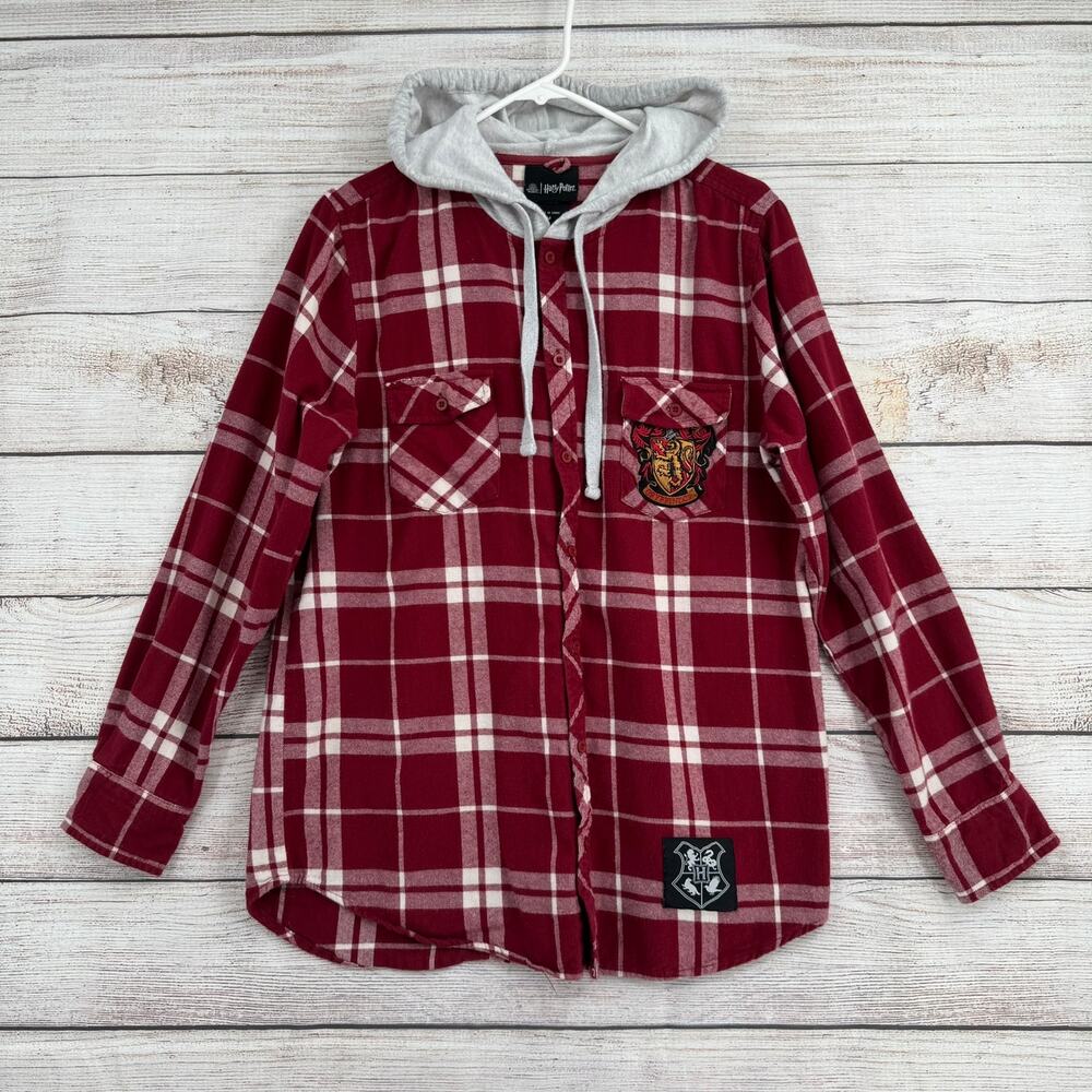 Wizarding World of Harry Potter Gryffindor Plaid Hooded Flannel Shirt Mens M Red